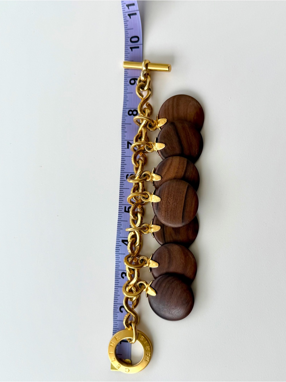 Celine Vintage Gold-Tone Chain Bracelet with Brown Wood Disc Charms - Picture 13 of 13